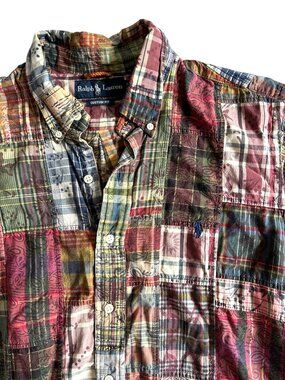 VTG Ralph Lauren Men Sz Large Custom Fit Patchwork Madras Plaid Button-Up